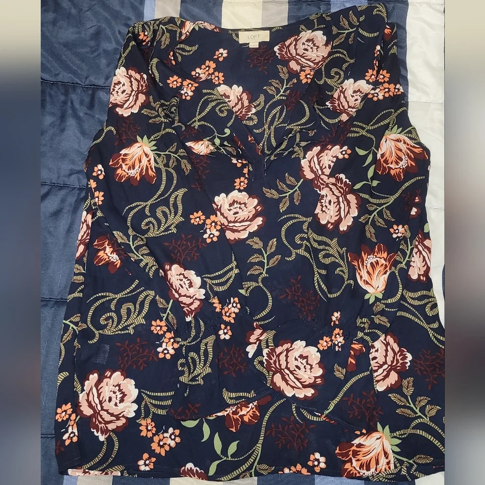 Loft Outlet V-Neck Flowy Ruffle Edged Navy Blue Floral Blouse- Size M